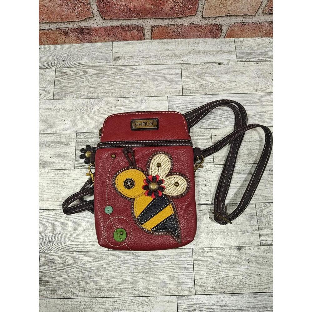 CHALA Cellphone Cross Body Burgundy Leather Brown Strap Bee Design Mini Bag